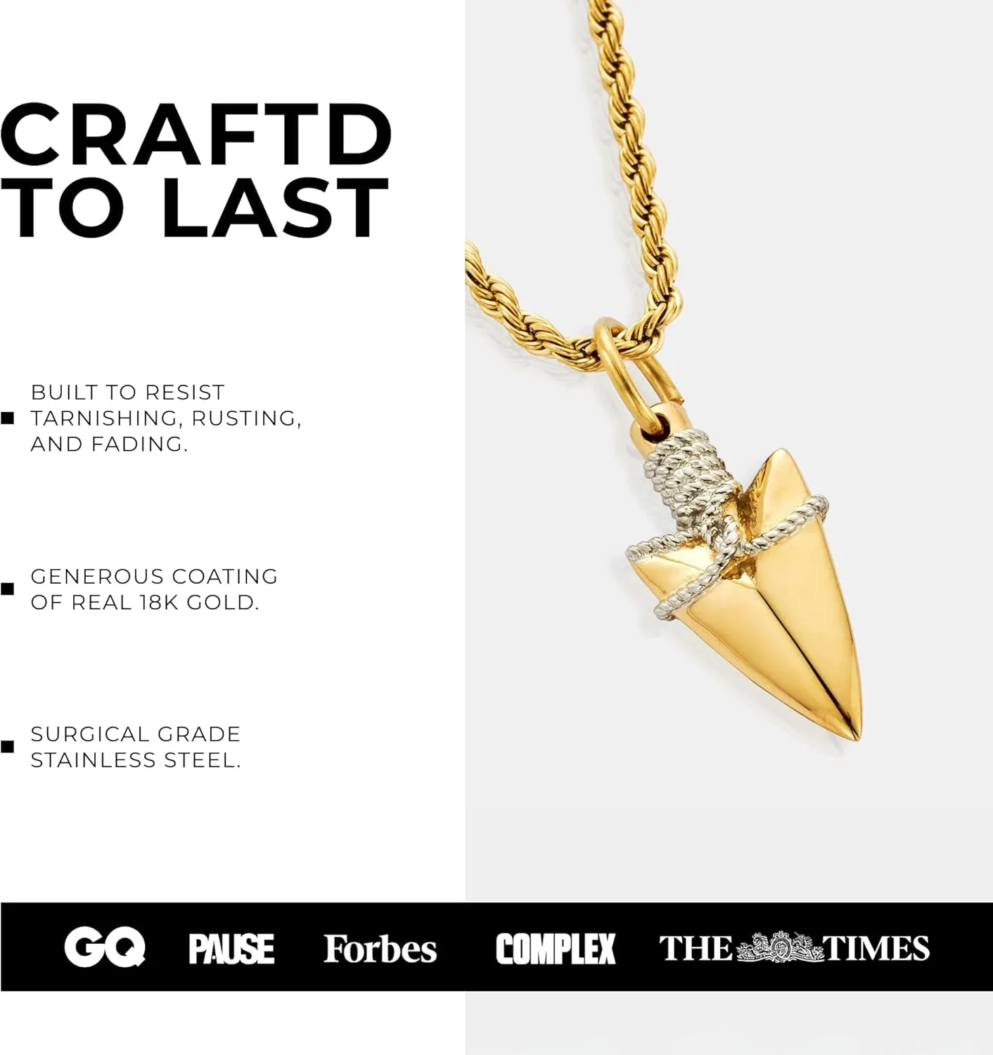 | Arrow Pendant Necklace | 20.5" Chain Link with 20MM x 20MM Pendant | Waterproof, Heat & Sweat Resistant | Gifts for Men | Men's Jewelry |