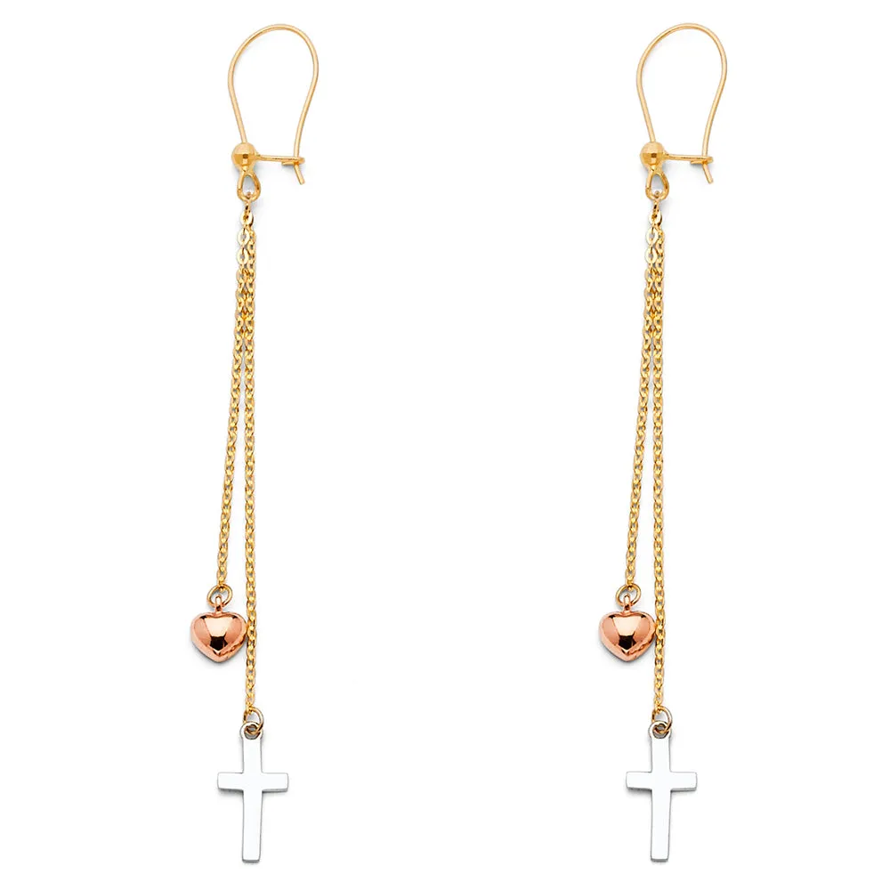 14K Gold Cross Heart Hanging Earrings