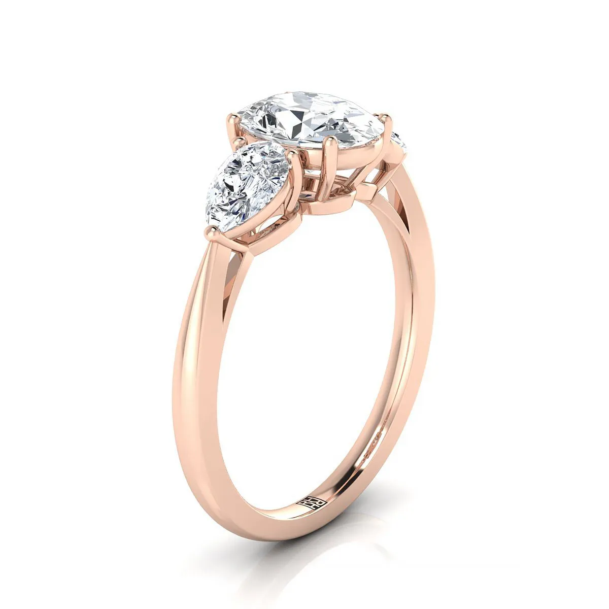 14K Rose Gold Oval Pink Sapphire Perfectly Matched Pear Shaped Three Diamond Engagement Ring -7/8ctw