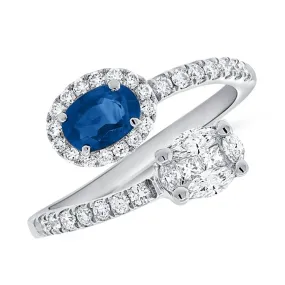 14k White Gold 0.16Ct Oval Sapphire, 0.54Ct (36) Diamond By Pass Ring