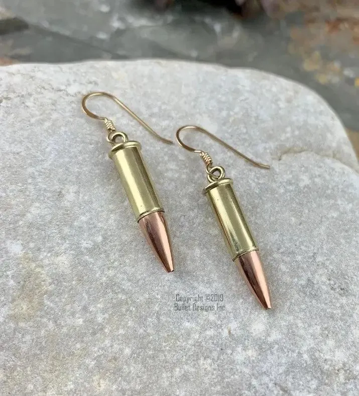 22 Caliber Bullet Dangle Earrings in Brass, Dangle Bullet Earrings, Gold Filled Earwires, Lightweight, Trendy, Recycled