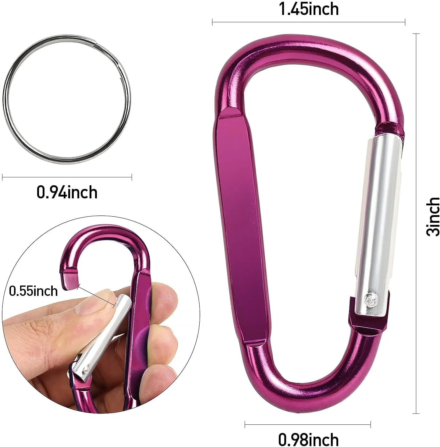 2PCS Carabiner Clip, 3" Large Aluminum Clips D Ring Shape Carabiner, Contain 2 Key Chain and 2 Key Ring Keychain Hook