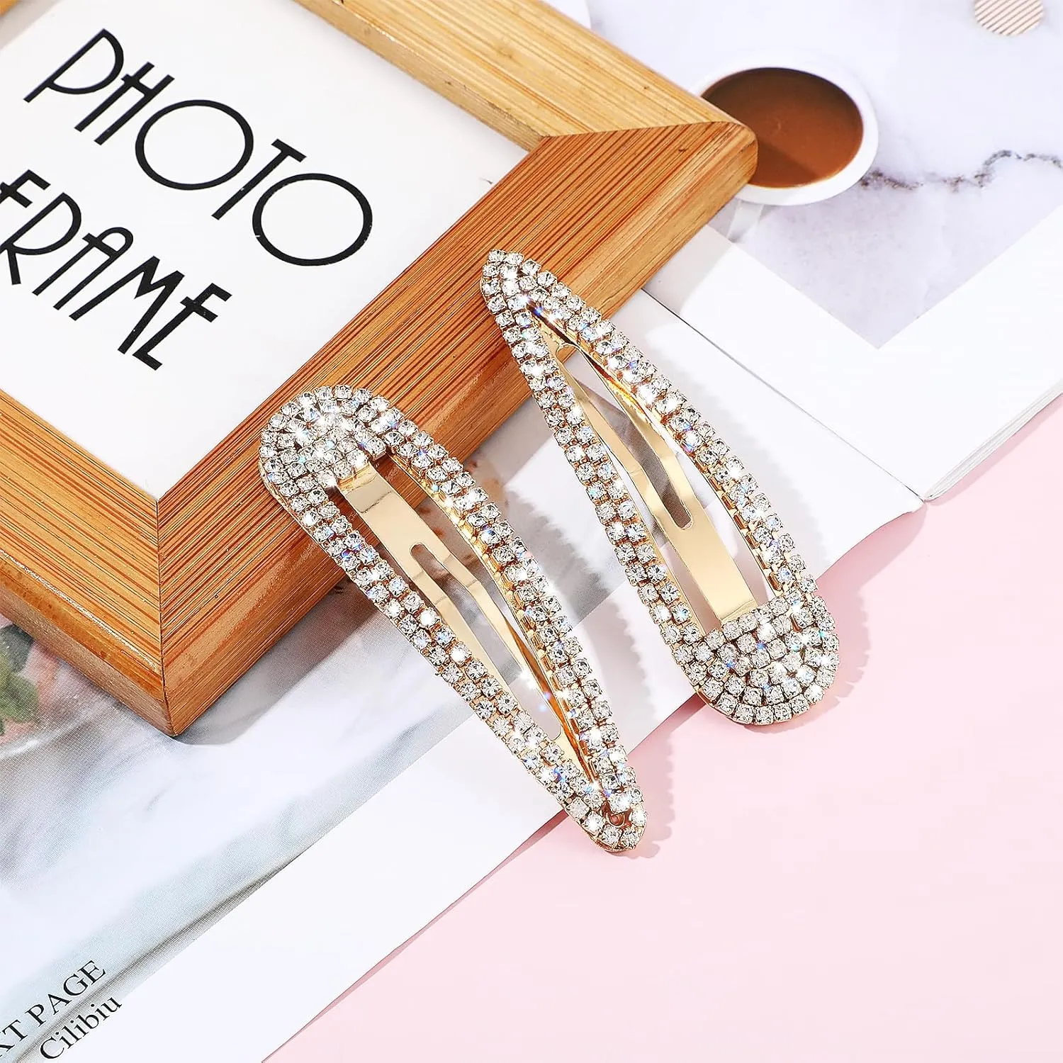 2Pcs Rhinestone Hair Clips Metal Snap Hairpins Bling Crystal Hair Barrettes Glitter French Barrettes Duckbill Hair Pin Hair Decorative Party Hair Accessories for Women Girls (Black Silver Gold)