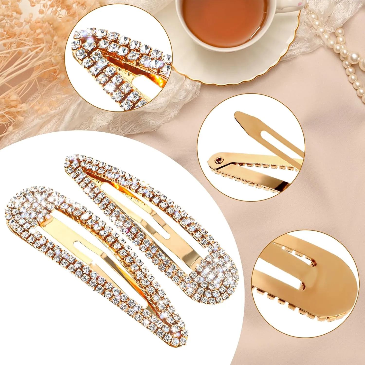 2Pcs Rhinestone Hair Clips Metal Snap Hairpins Bling Crystal Hair Barrettes Glitter French Barrettes Duckbill Hair Pin Hair Decorative Party Hair Accessories for Women Girls (Gold)