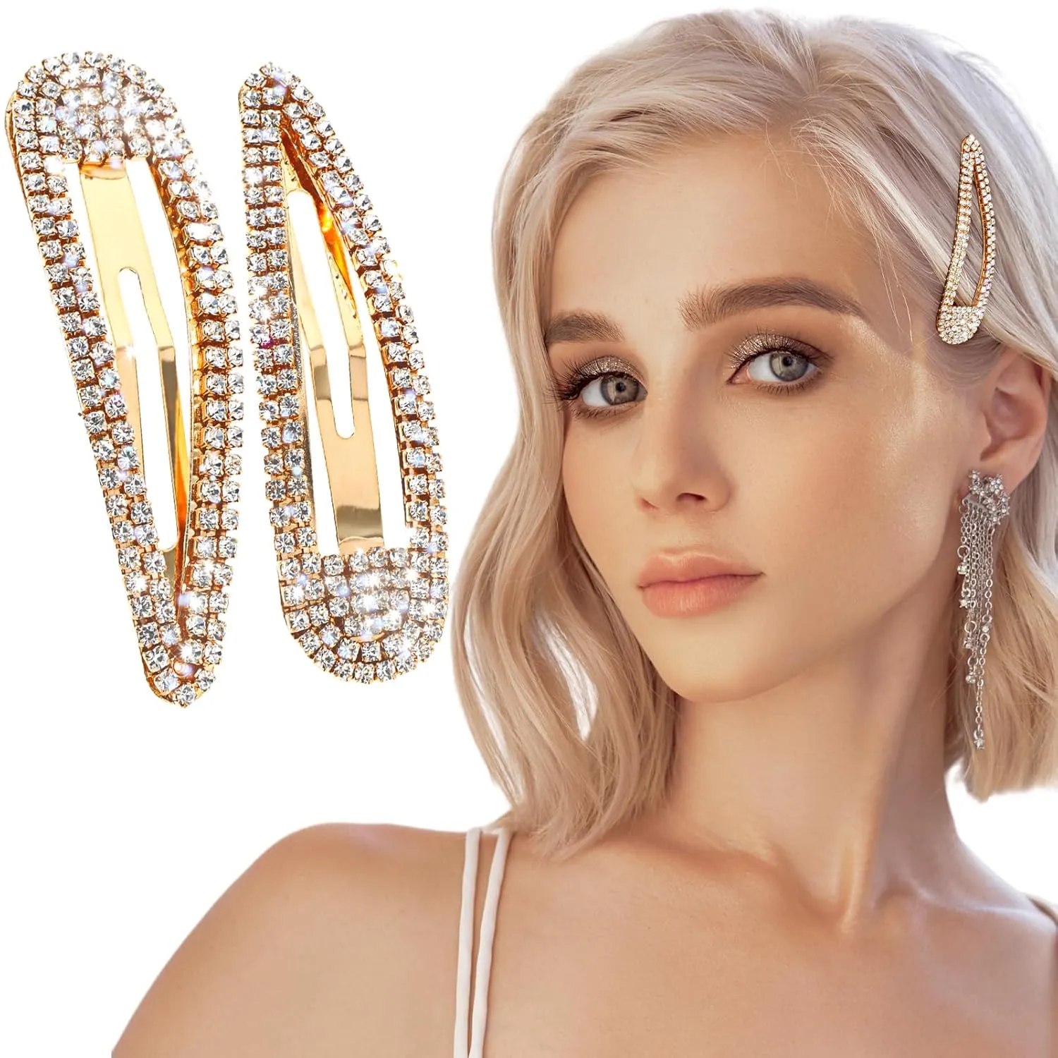 2Pcs Rhinestone Hair Clips Metal Snap Hairpins Bling Crystal Hair Barrettes Glitter French Barrettes Duckbill Hair Pin Hair Decorative Party Hair Accessories for Women Girls (Gold)