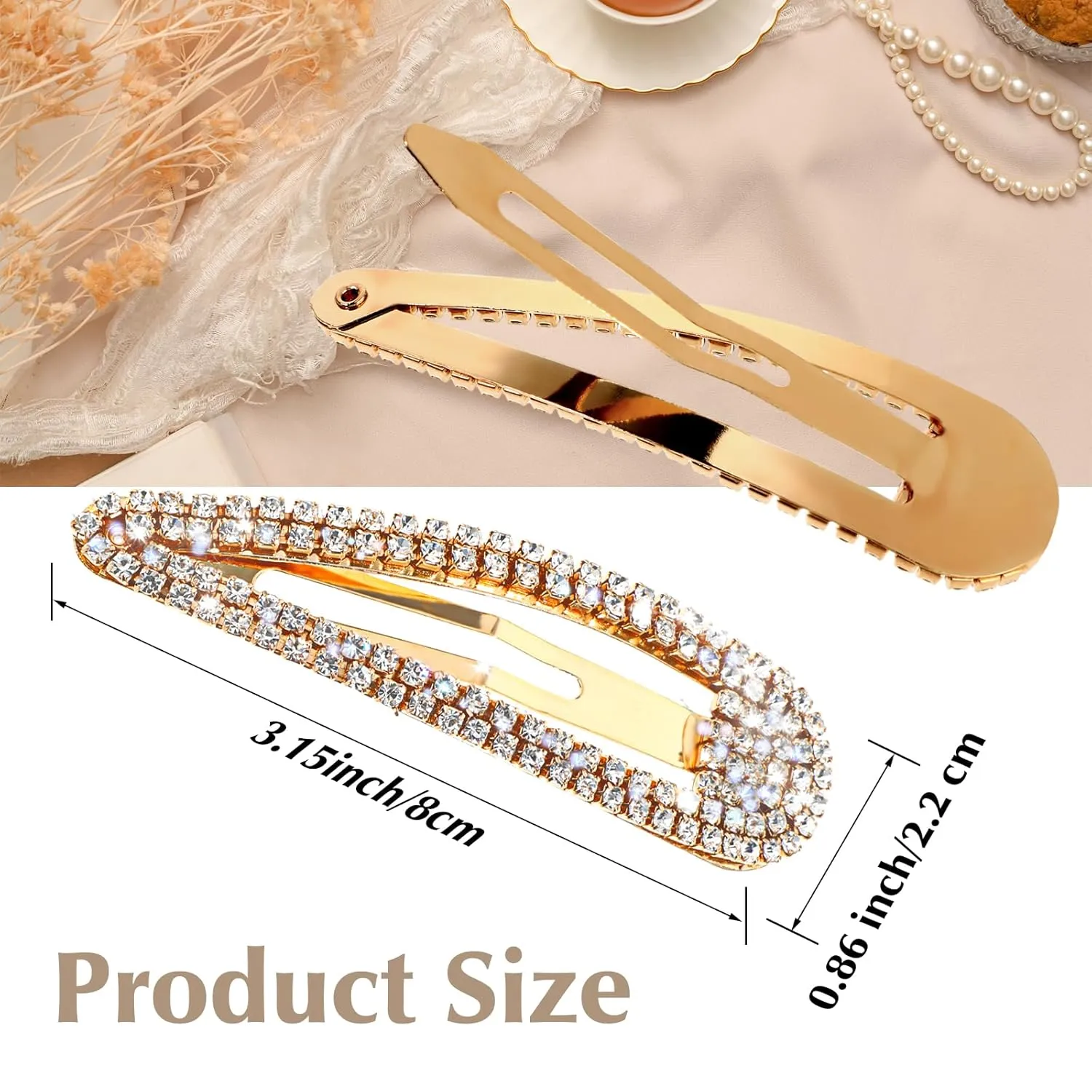 2Pcs Rhinestone Hair Clips Metal Snap Hairpins Bling Crystal Hair Barrettes Glitter French Barrettes Duckbill Hair Pin Hair Decorative Party Hair Accessories for Women Girls (Gold)