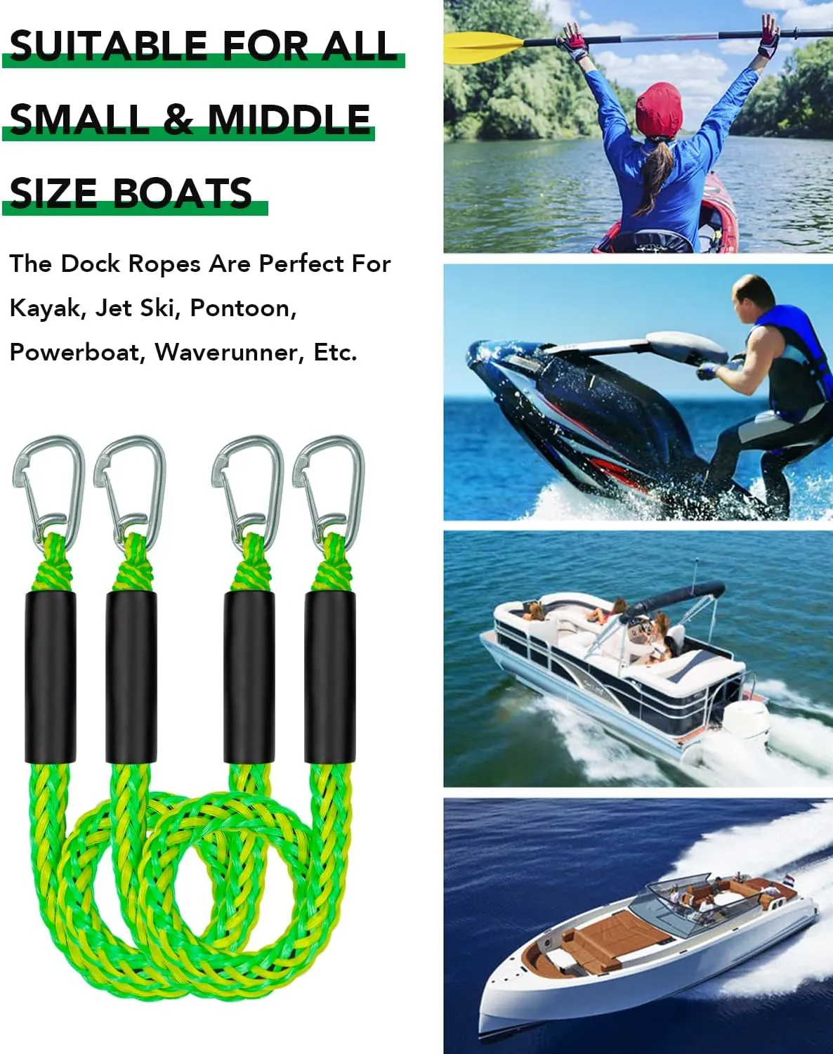 3 Feet Bungee Dock Lines with 2 Clips Heavy Duty 316 Stainless Steel Clips Boat Ropes Mooring Rope & Dock Ties for for Boats PWC or Jet Ski 2PCS (Green&Yellow, 3 Feet)