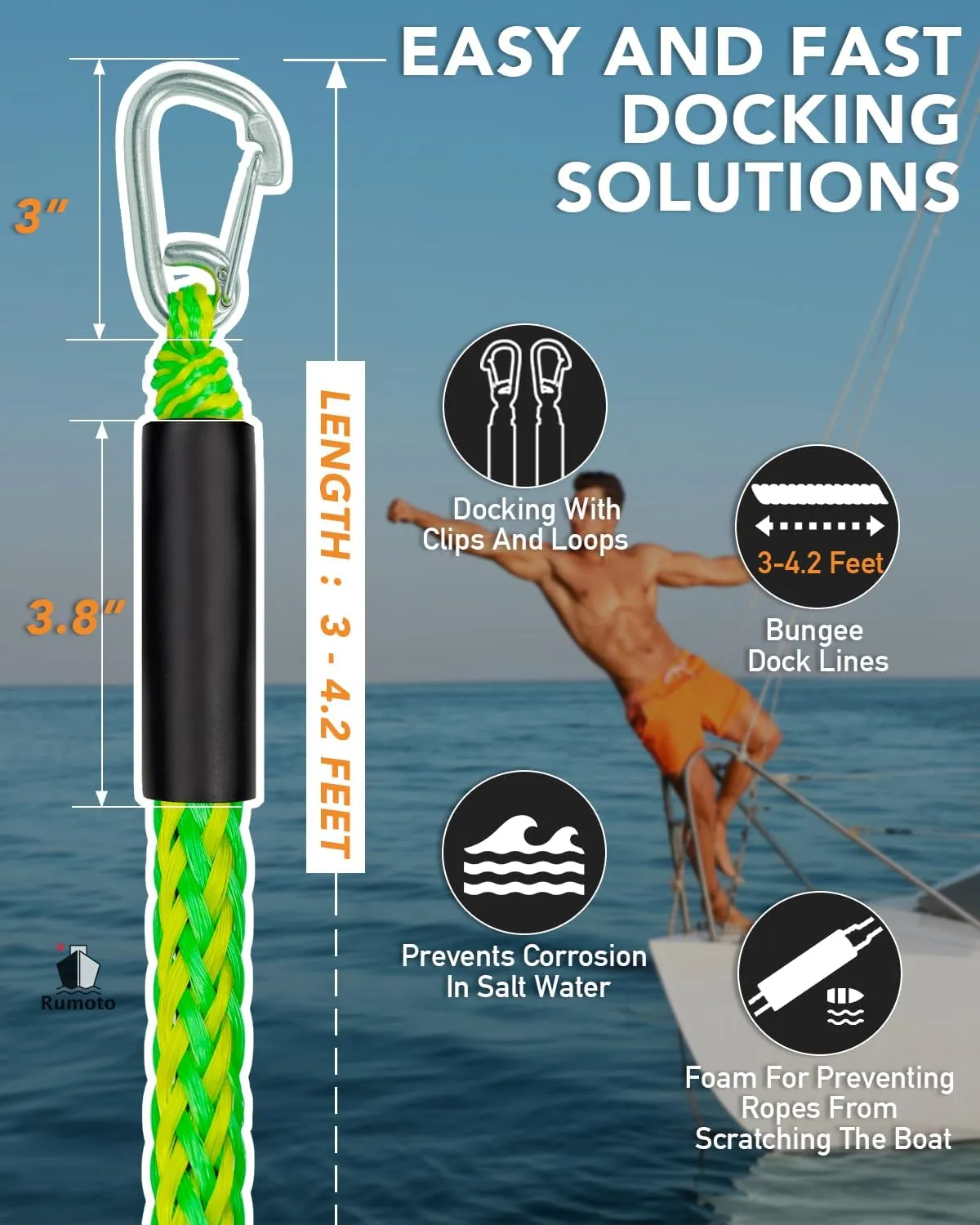 3 Feet Bungee Dock Lines with 2 Clips Heavy Duty 316 Stainless Steel Clips Boat Ropes Mooring Rope & Dock Ties for for Boats PWC or Jet Ski 2PCS (Green&Yellow, 3 Feet)