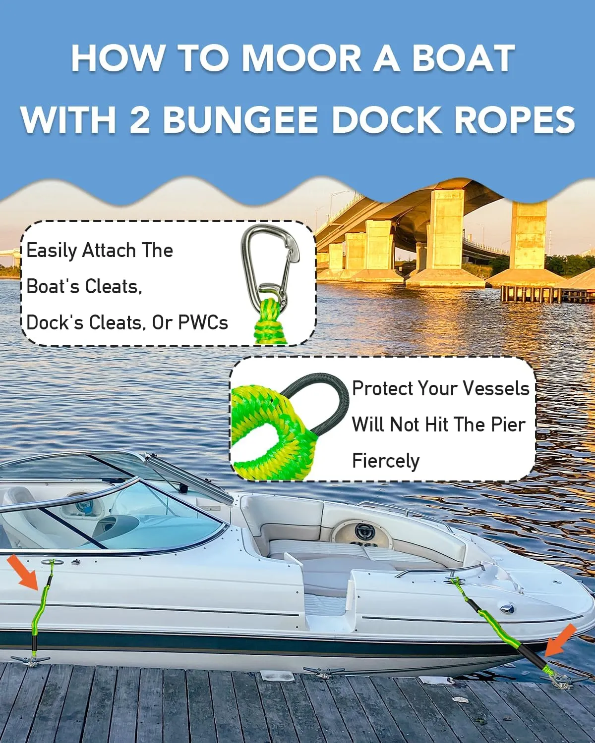 3 Feet Bungee Dock Lines with 2 Clips Heavy Duty 316 Stainless Steel Clips Boat Ropes Mooring Rope & Dock Ties for for Boats PWC or Jet Ski 2PCS (Green&Yellow, 3 Feet)