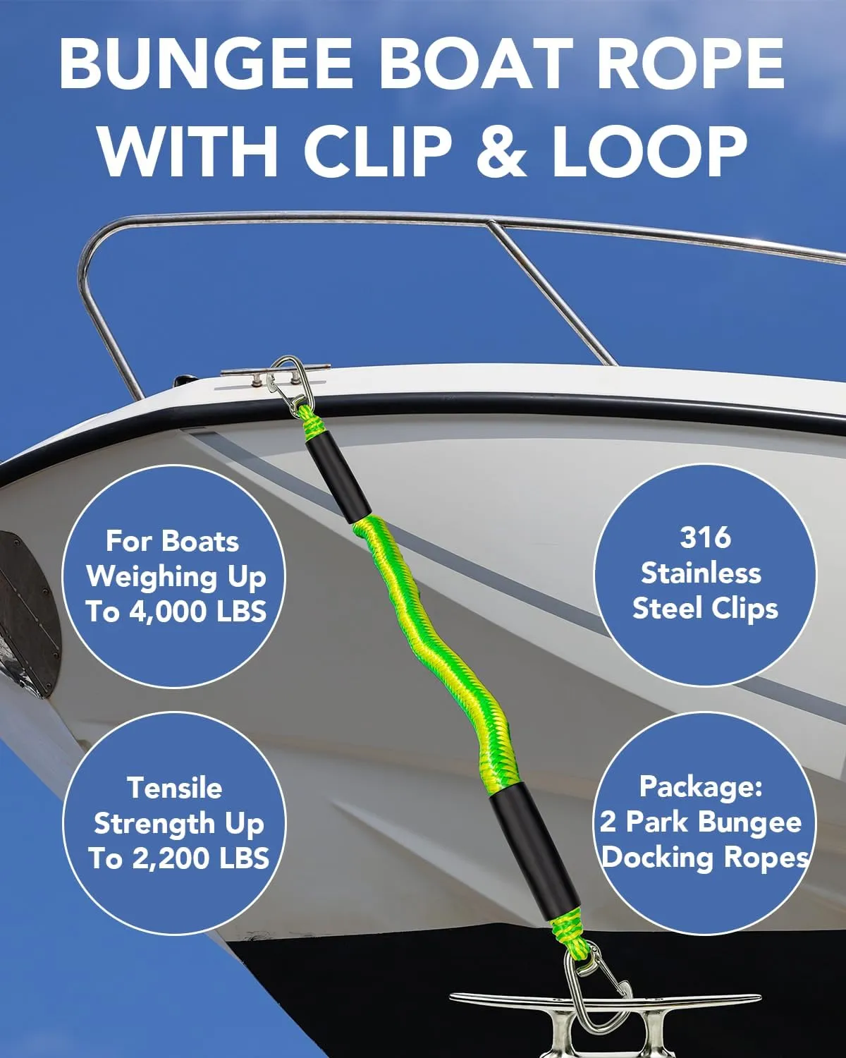 3 Feet Bungee Dock Lines with 2 Clips Heavy Duty 316 Stainless Steel Clips Boat Ropes Mooring Rope & Dock Ties for for Boats PWC or Jet Ski 2PCS (Green&Yellow, 3 Feet)