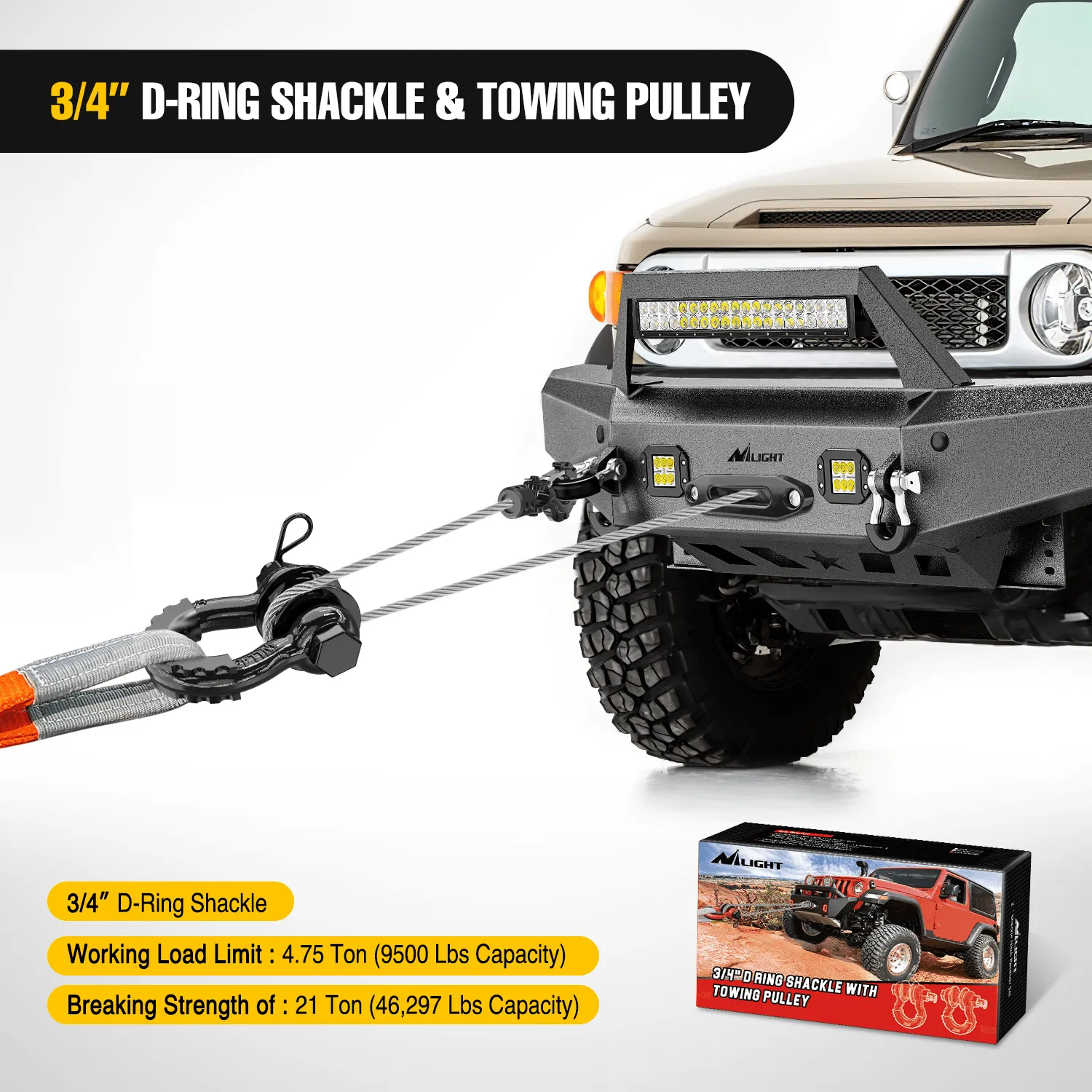 3/4 inch D-Ring Shackle with Towing Pulley Black (Pair)