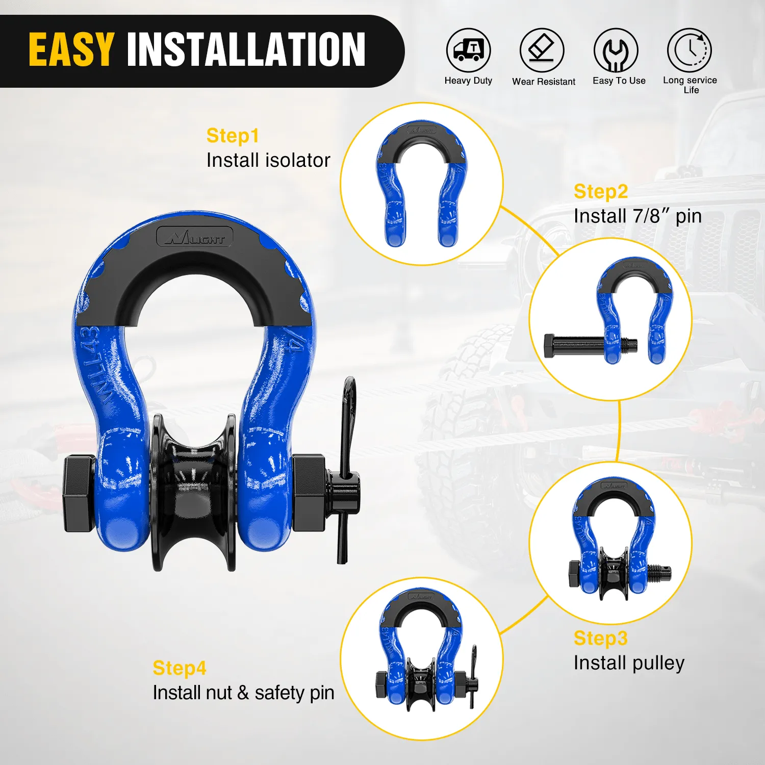 3/4 inch D-Ring Shackle with Towing Pulley Blue (Pair)