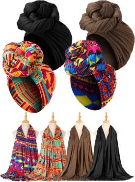 4 Pcs African Scarf for Women Head Wraps for Black Women Stretch Turbans Jersey Hijab Scarf Hair Wraps Lightweight Headbands Cover