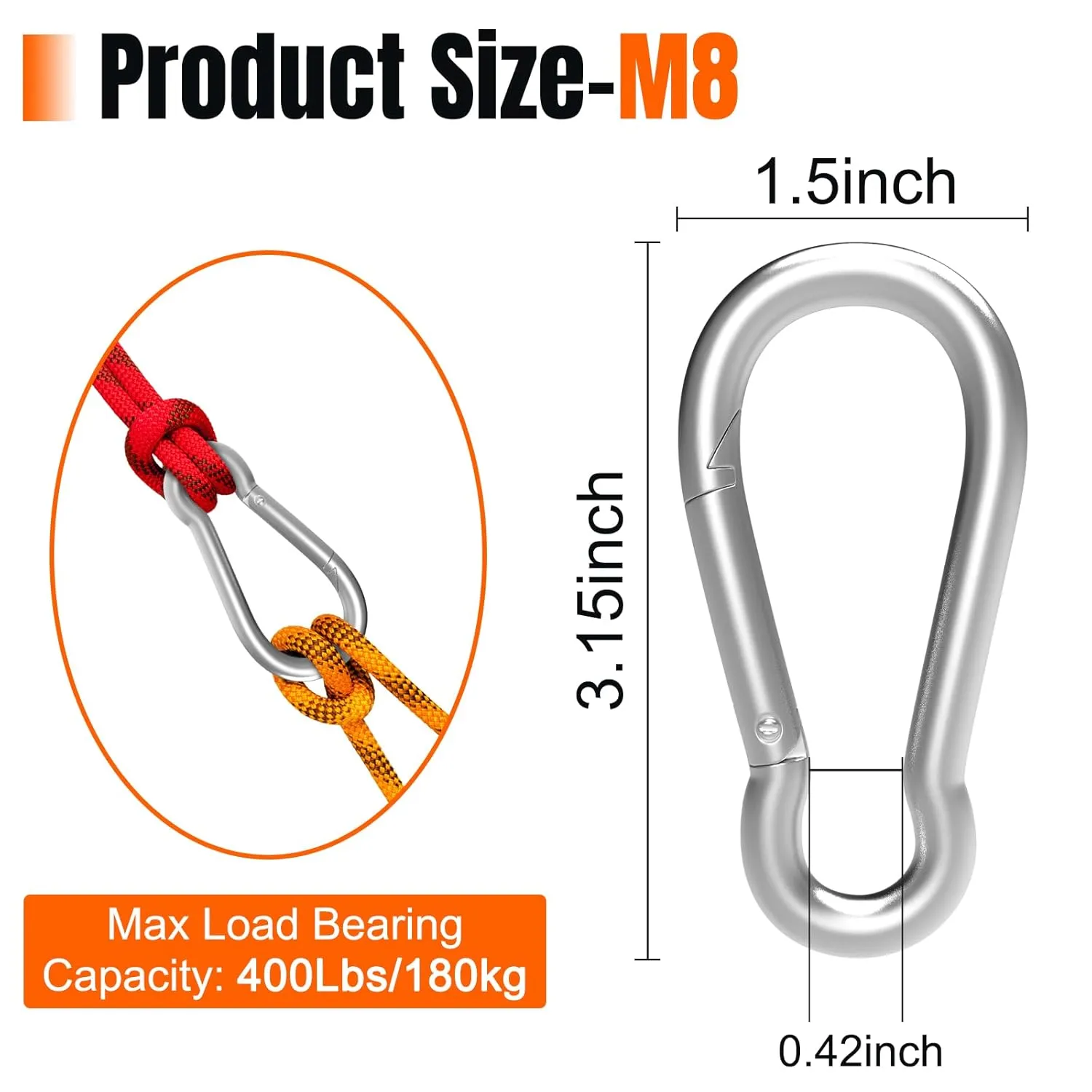 50PCS 3" Carabiner Clip Spring Snap Hook, M8 Heavy Duty Galvanized Steel Spring Snap Hook, Quick Link Keychain Clip for Swing Set Camping Hiking Gym Traveling