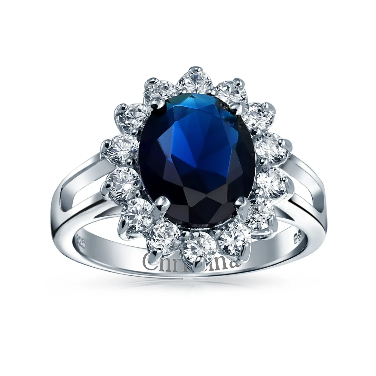 6CT Blue Oval Imitation Sapphire CZ Engagement Ring .925 Sterling Silver