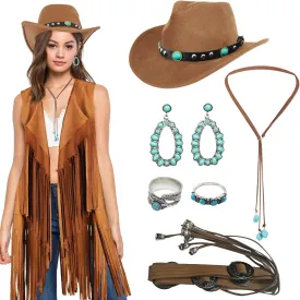 8 Pack Western Cowgirl Costume Set Western Outfits for Women Cowgirl Cowboy Hat Corset Belt Turquoise Jewelry Kit