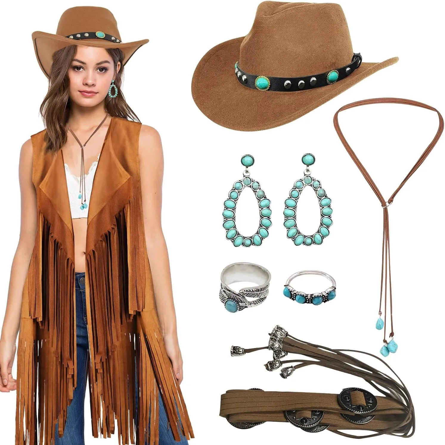 8 Pack Western Cowgirl Costume Set Western Outfits for Women Cowgirl Cowboy Hat Corset Belt Turquoise Jewelry Kit