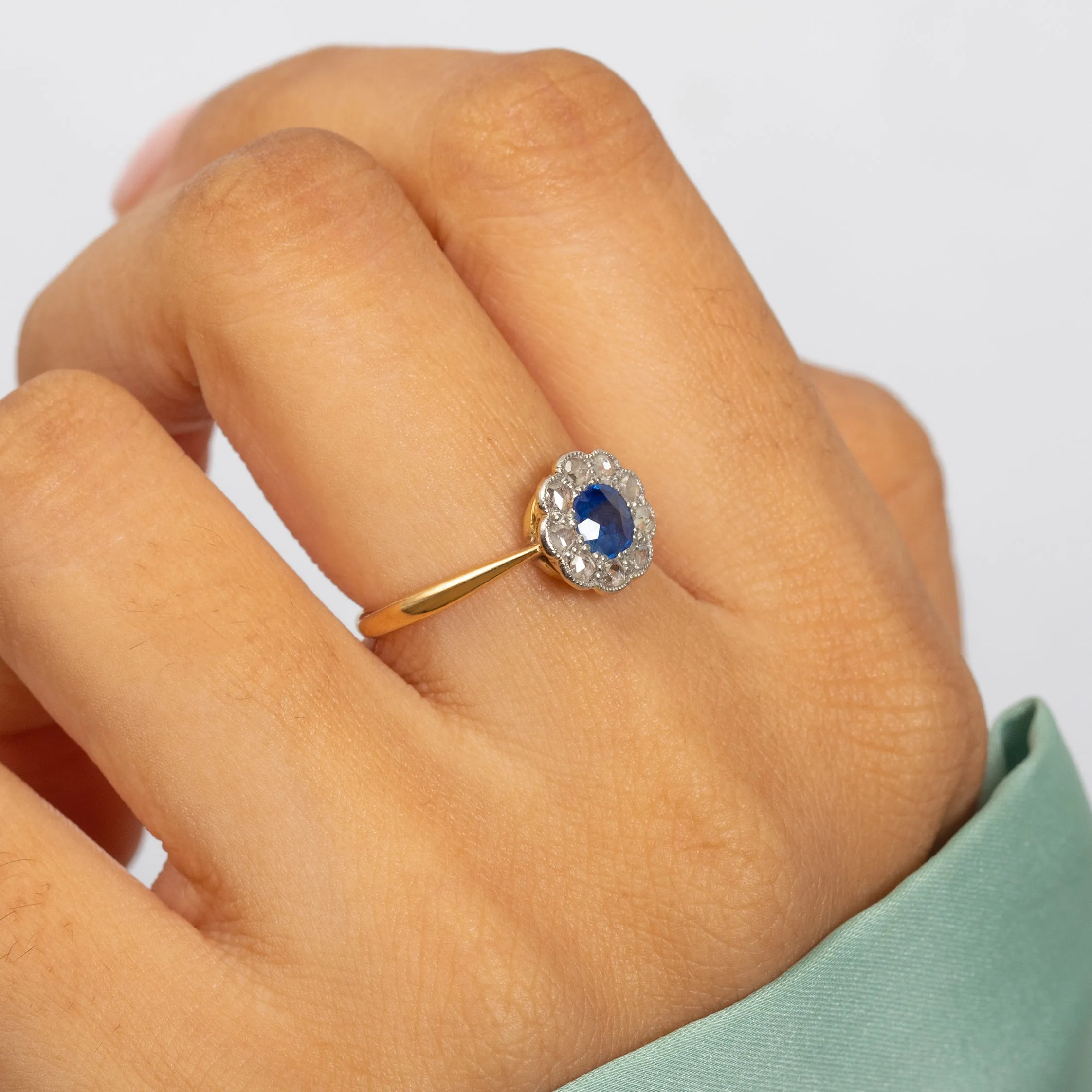 Antique 18ct Gold Sapphire Diamond Flower Cluster Ring, 0.30ct Sapphire