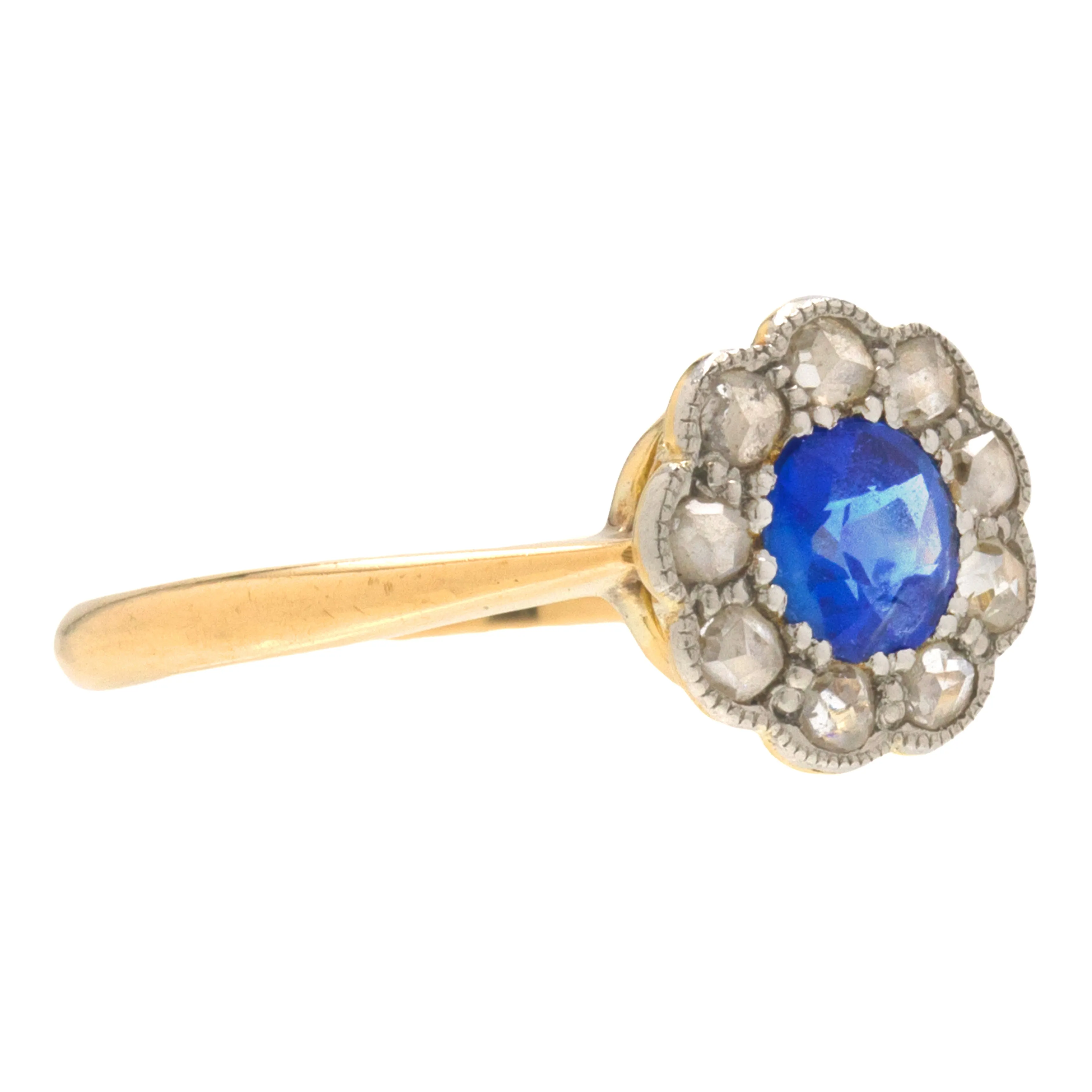 Antique 18ct Gold Sapphire Diamond Flower Cluster Ring, 0.30ct Sapphire