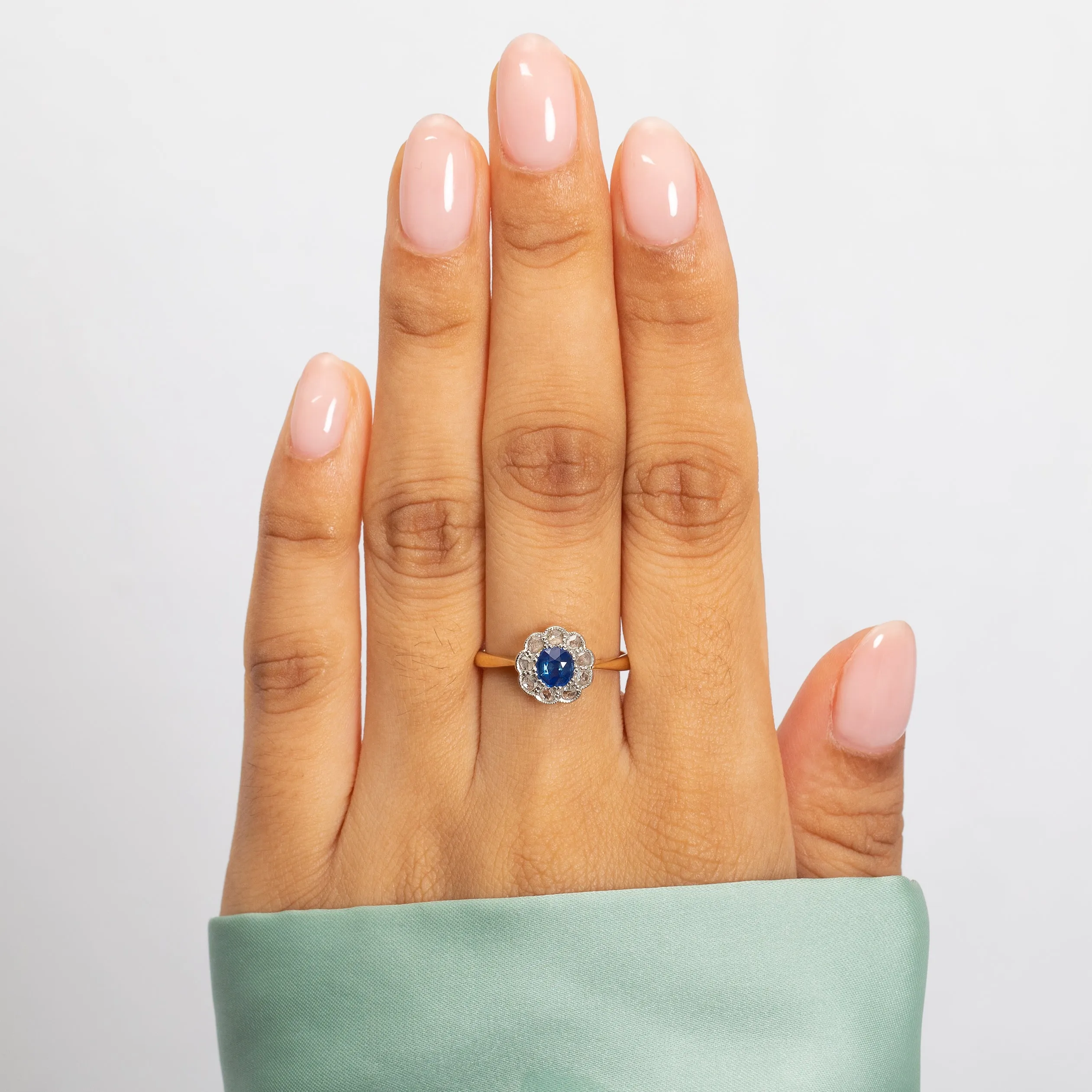 Antique 18ct Gold Sapphire Diamond Flower Cluster Ring, 0.30ct Sapphire