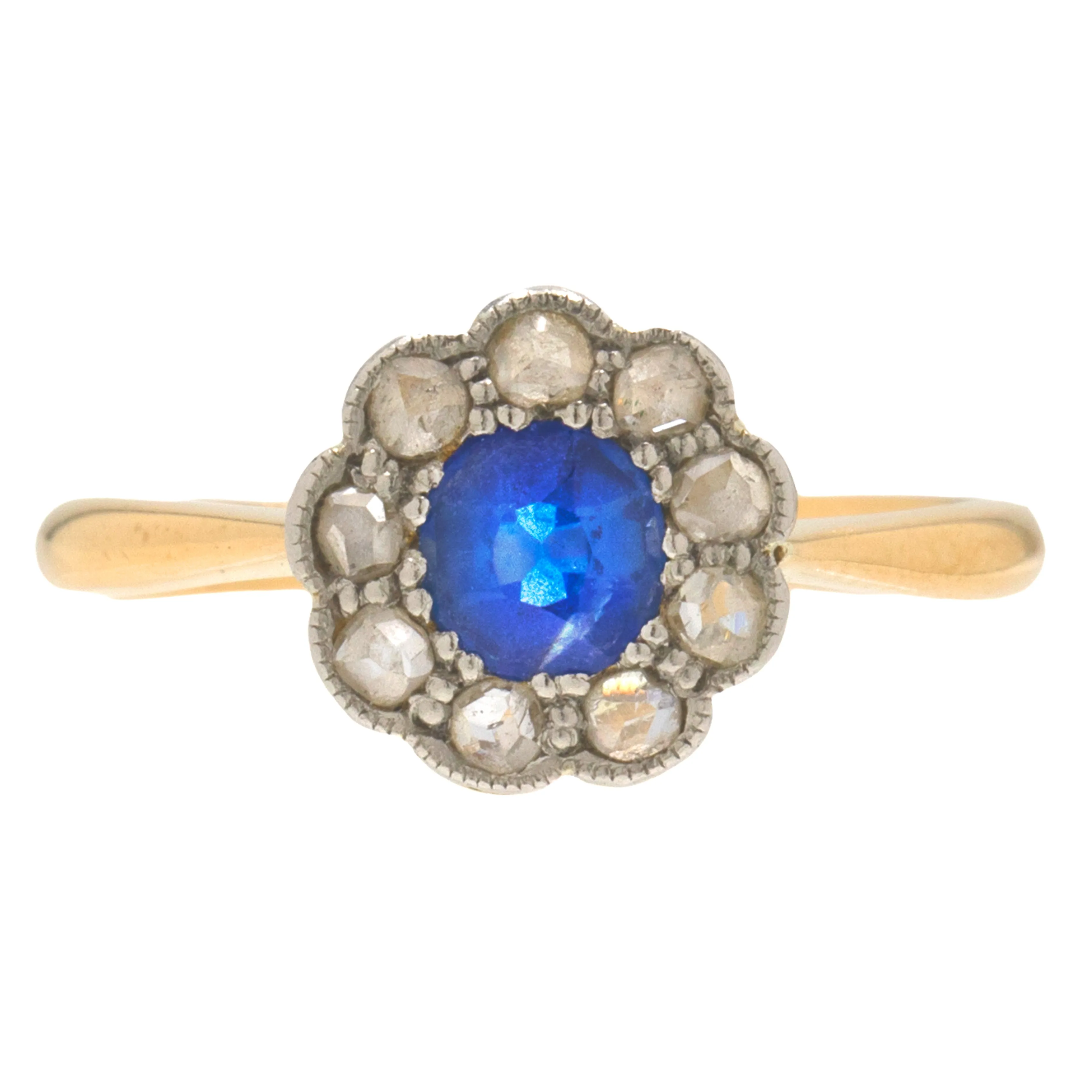 Antique 18ct Gold Sapphire Diamond Flower Cluster Ring, 0.30ct Sapphire