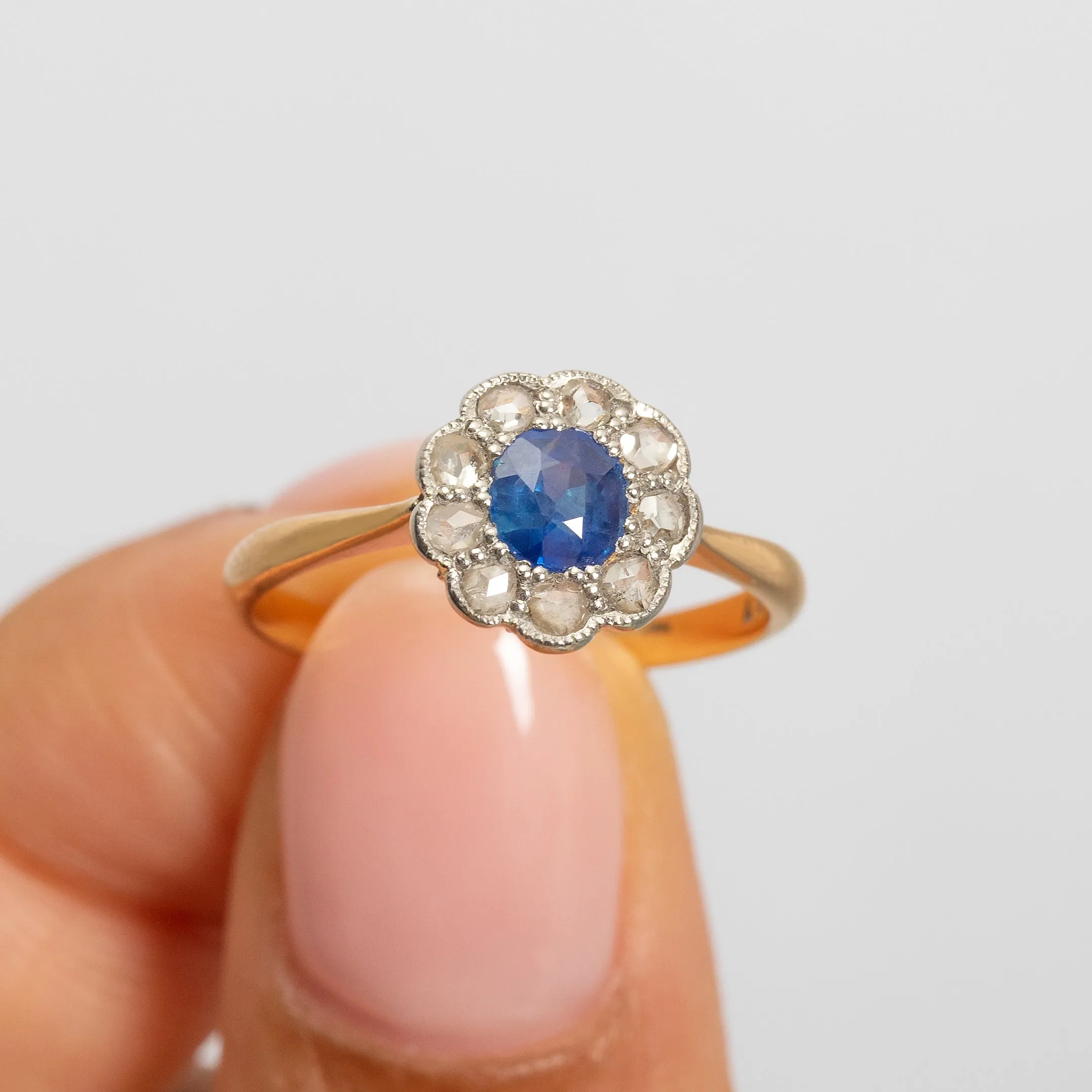 Antique 18ct Gold Sapphire Diamond Flower Cluster Ring, 0.30ct Sapphire