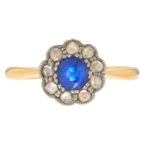 Antique 18ct Gold Sapphire Diamond Flower Cluster Ring, 0.30ct Sapphire