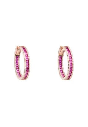 Baguette Hoop Earrings Medium Rosegold Ruby Pink