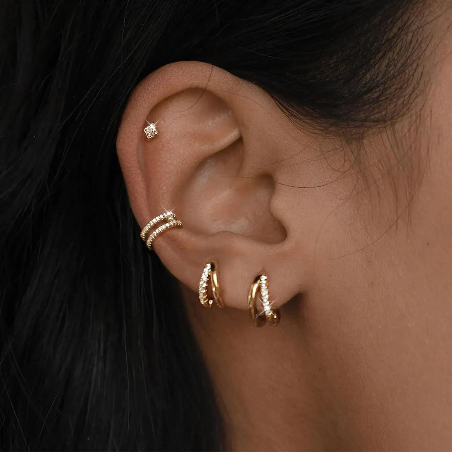 BERISO 3/4 Pairs Earrings Sets for Women, Dainty 14K Gold/Silver Plated CZ Cartilage Earring Huggie Hoop Earring Set Multiple Piercing Ear Jacket Stud Earrings Jewelry Gifts for Her