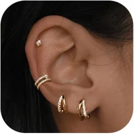BERISO 3/4 Pairs Earrings Sets for Women, Dainty 14K Gold/Silver Plated CZ Cartilage Earring Huggie Hoop Earring Set Multiple Piercing Ear Jacket Stud Earrings Jewelry Gifts for Her