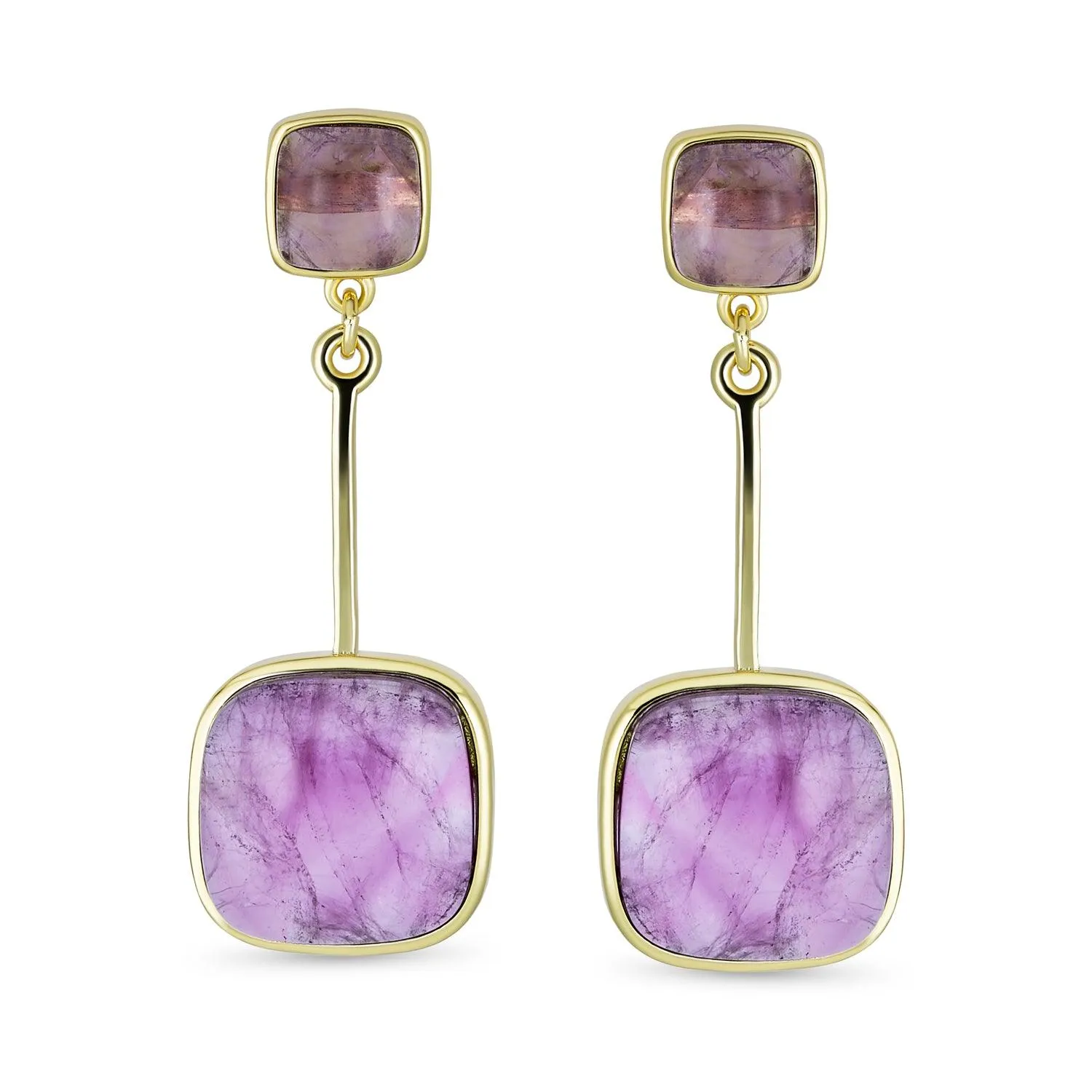 Big Geometric Gemstone Purple Amethyst Long Dangle Earrings Rose Gold