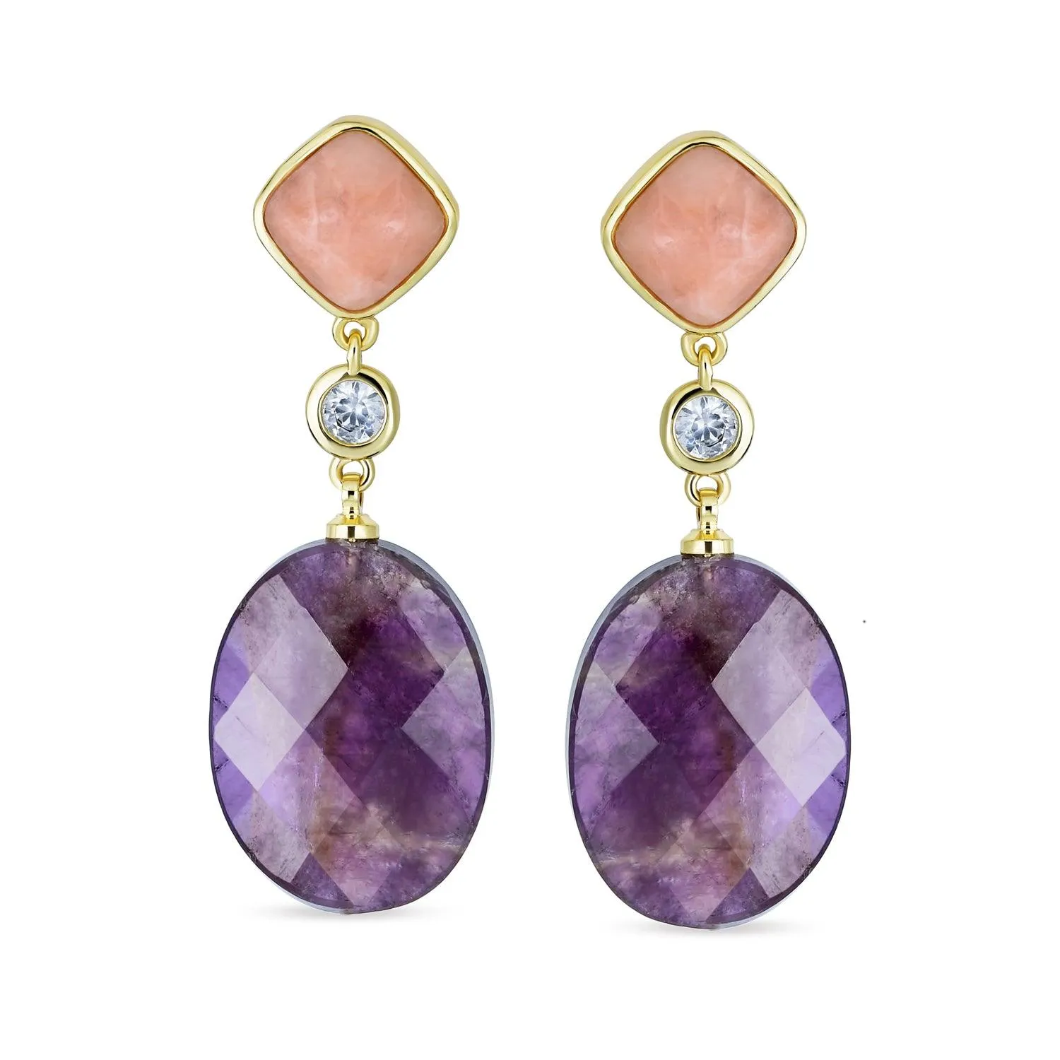 Big Geometric Gemstone Purple Amethyst Long Dangle Earrings Rose Gold