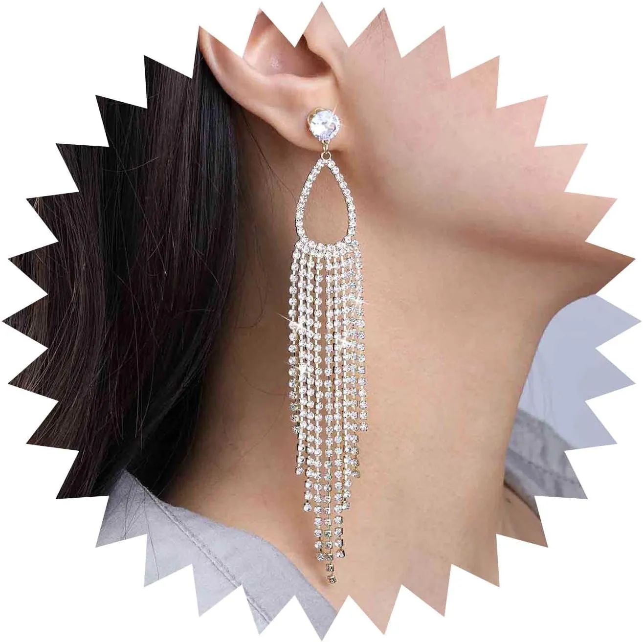 Boho Long Rhinestone Tassel Earrings Gold Cz Drop Earrings Crystal Chandelier Dangle Earrings Cz Tennis Earrings Tennis Fringe Earrings Jewelry for Women