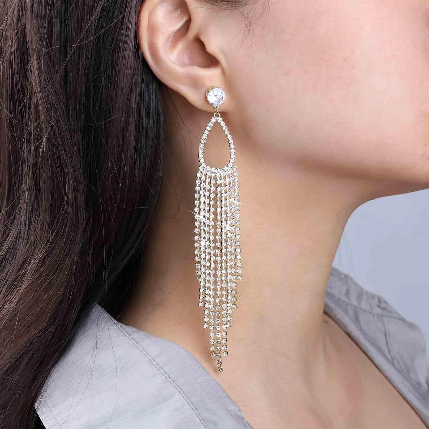 Boho Long Rhinestone Tassel Earrings Gold Cz Drop Earrings Crystal Chandelier Dangle Earrings Cz Tennis Earrings Tennis Fringe Earrings Jewelry for Women