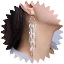 Boho Long Rhinestone Tassel Earrings Gold Cz Drop Earrings Crystal Chandelier Dangle Earrings Cz Tennis Earrings Tennis Fringe Earrings Jewelry for Women