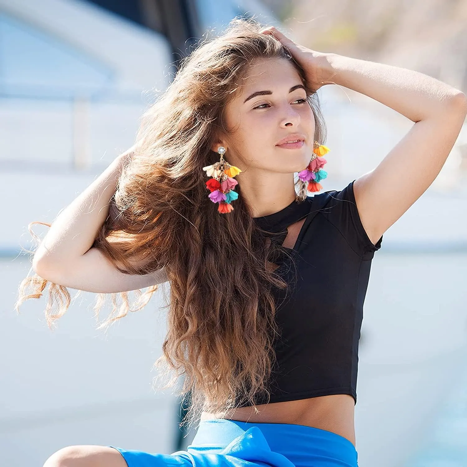 Boho Tassel Earrings Handmade Colorful Multilayer Flower Fringe Drop Dangle Earrings for Women Girls Summer Beach Cute Fabric Petal Dangling Earrings Wedding Party Jewelry Gift