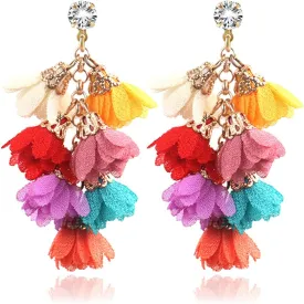 Boho Tassel Earrings Handmade Colorful Multilayer Flower Fringe Drop Dangle Earrings for Women Girls Summer Beach Cute Fabric Petal Dangling Earrings Wedding Party Jewelry Gift