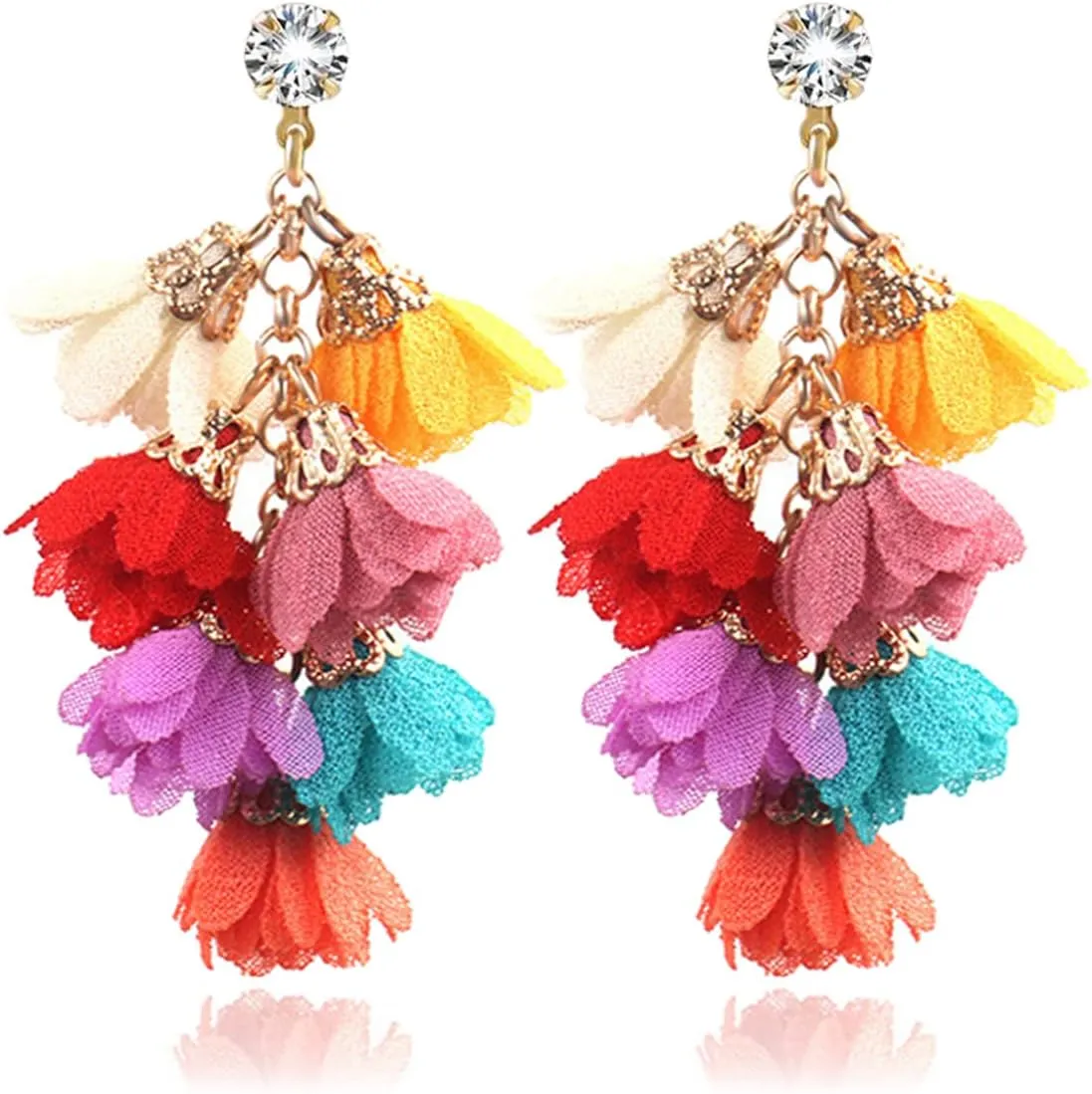 Boho Tassel Earrings Handmade Colorful Multilayer Flower Fringe Drop Dangle Earrings for Women Girls Summer Beach Cute Fabric Petal Dangling Earrings Wedding Party Jewelry Gift