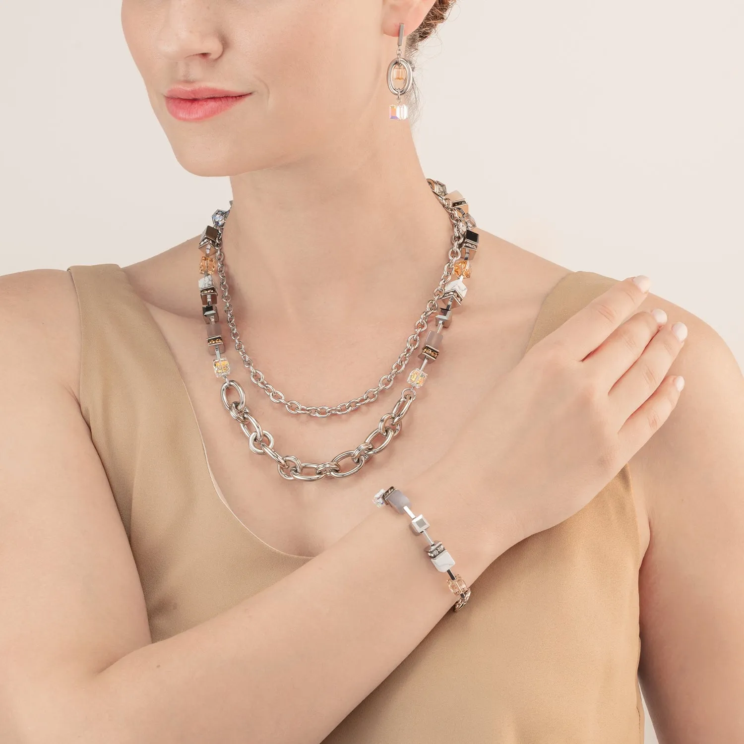 Bracelet GeoCUBE® Statement Precious Chunky Chain Multiwear grau-beige