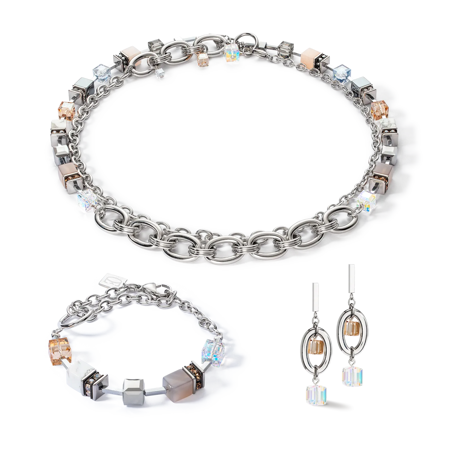 Bracelet GeoCUBE® Statement Precious Chunky Chain Multiwear grau-beige