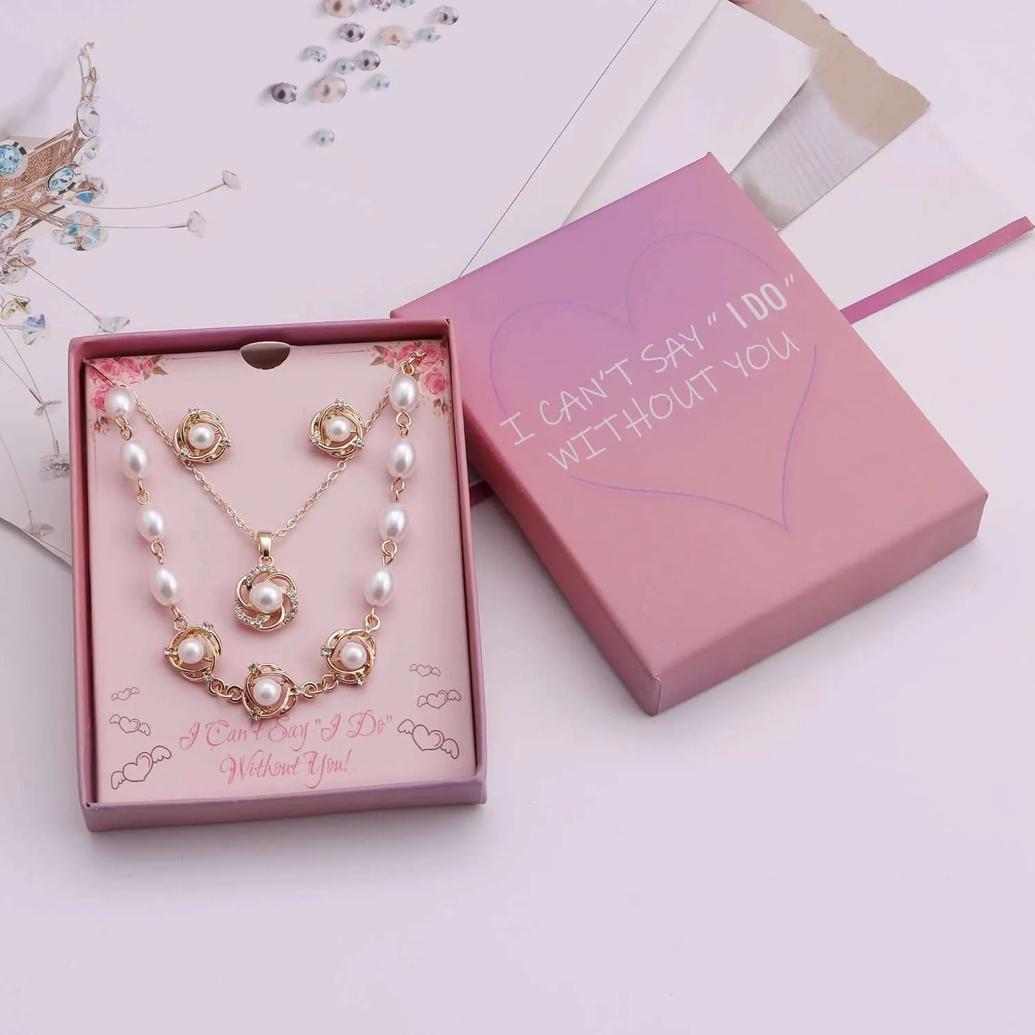 Bridesmaid Jewelry Set for Women 18K Gold & Silver & Rose Gold Plated Love Knot Pendant with Pearl Necklace Earrings Bracelet Set for Wedding/Proposal/Party/Prom Gift
