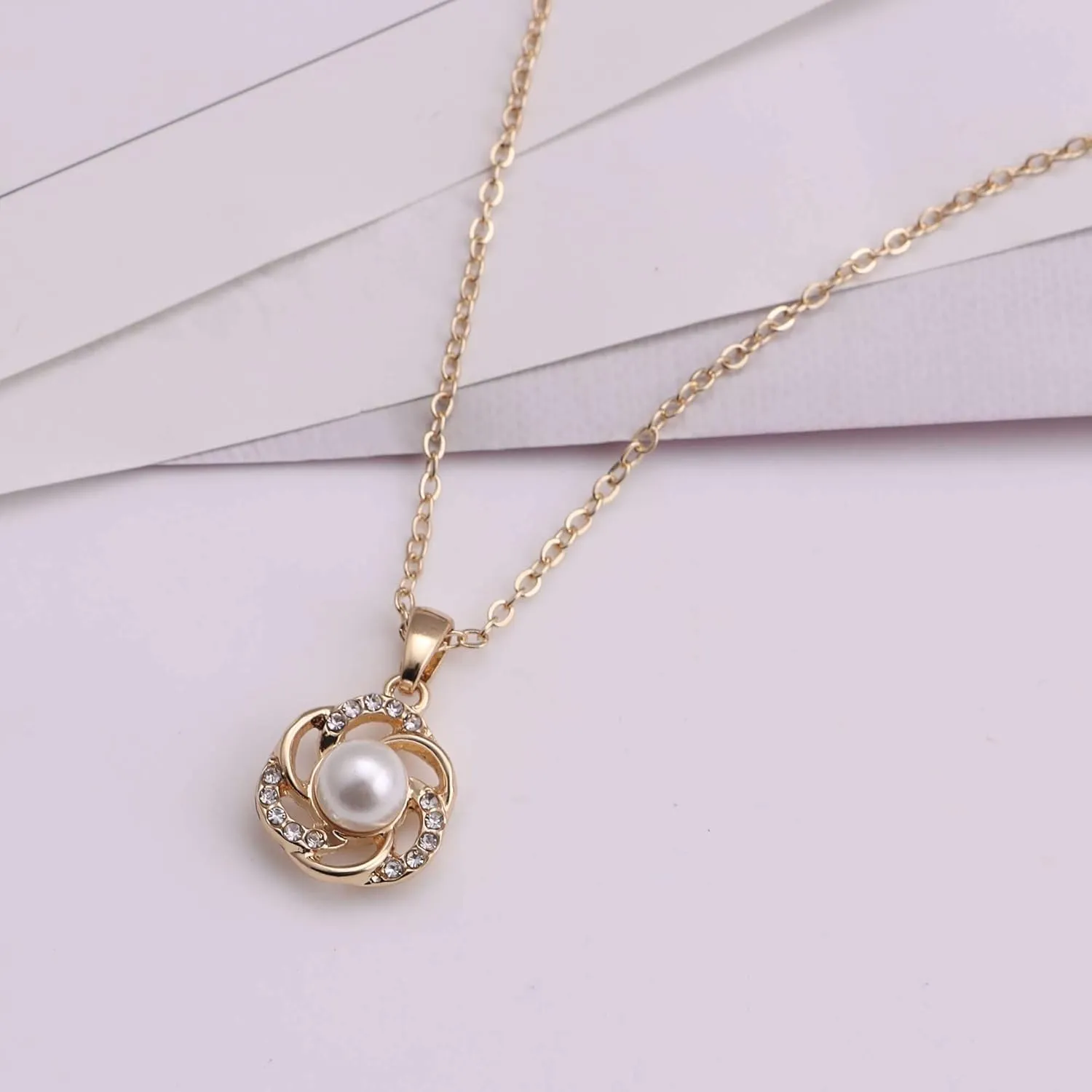 Bridesmaid Jewelry Set for Women 18K Gold & Silver & Rose Gold Plated Love Knot Pendant with Pearl Necklace Earrings Bracelet Set for Wedding/Proposal/Party/Prom Gift