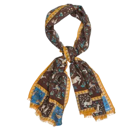 Brown Wool Silk Unicorn Print Scarf