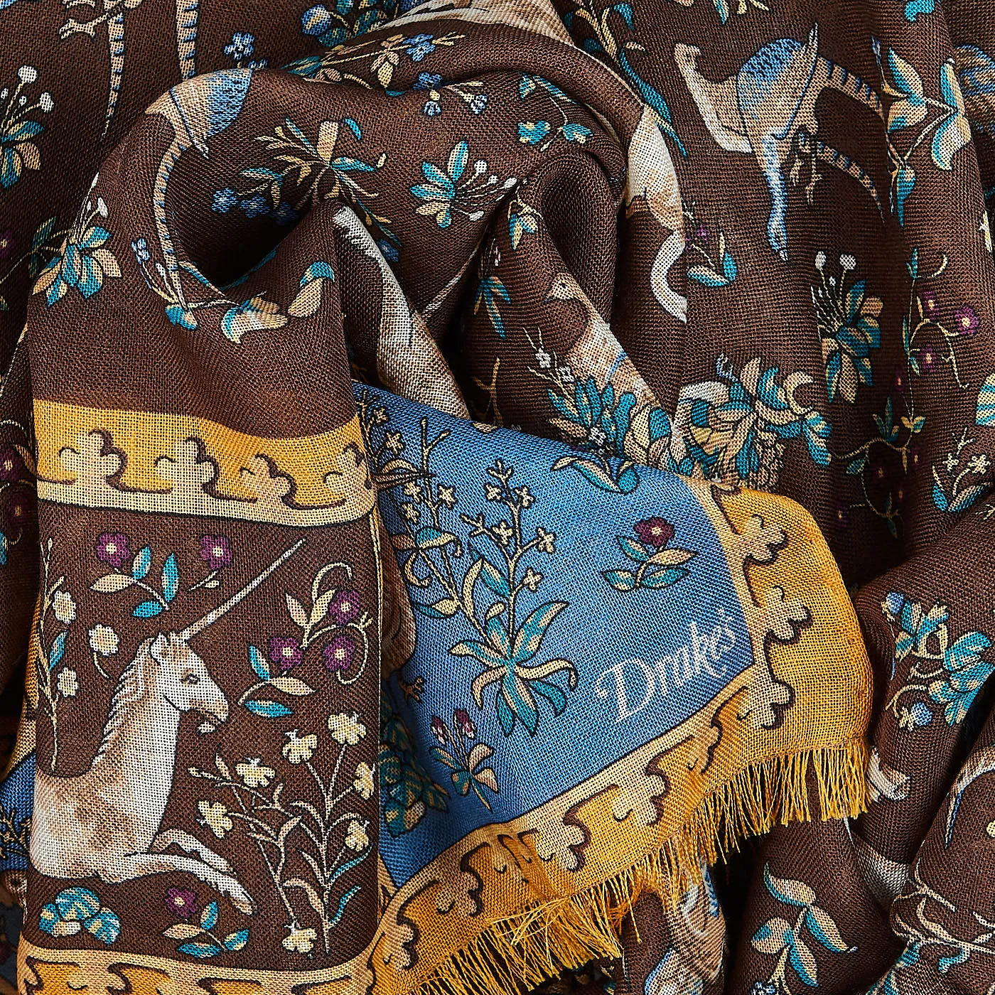 Brown Wool Silk Unicorn Print Scarf