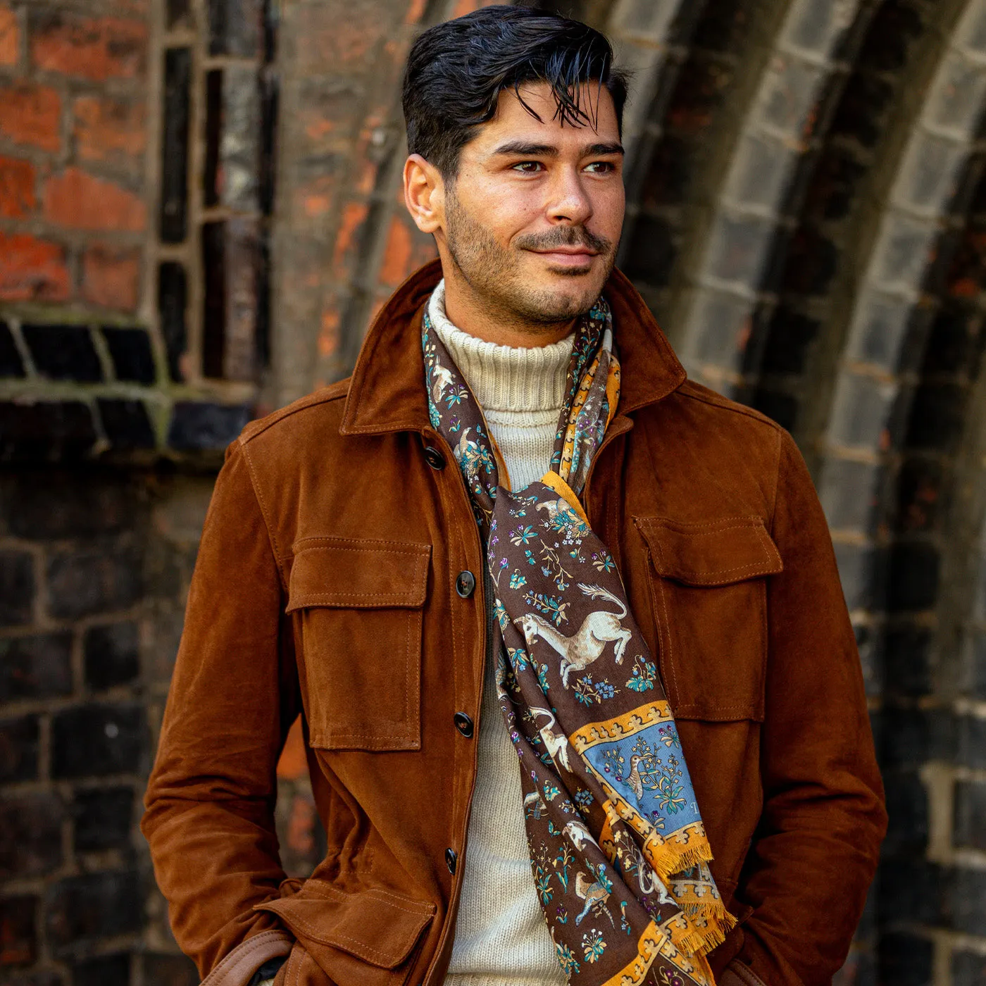 Brown Wool Silk Unicorn Print Scarf