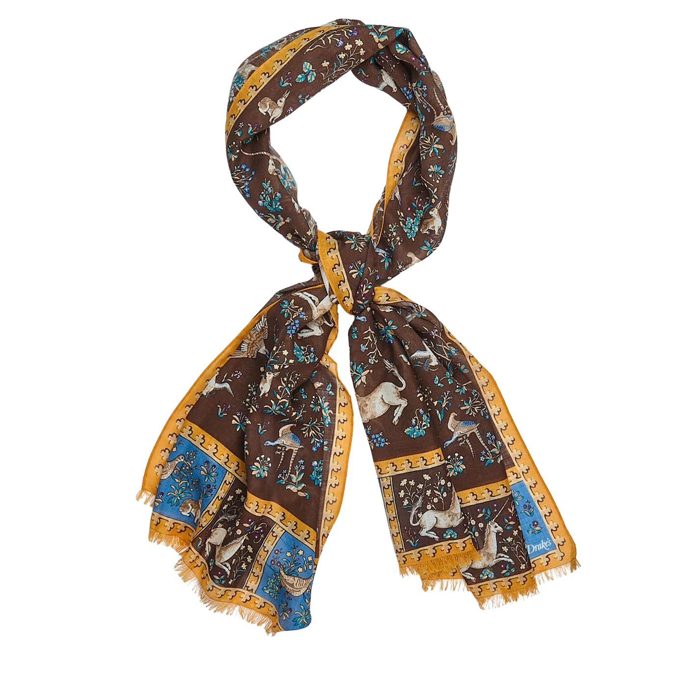Brown Wool Silk Unicorn Print Scarf