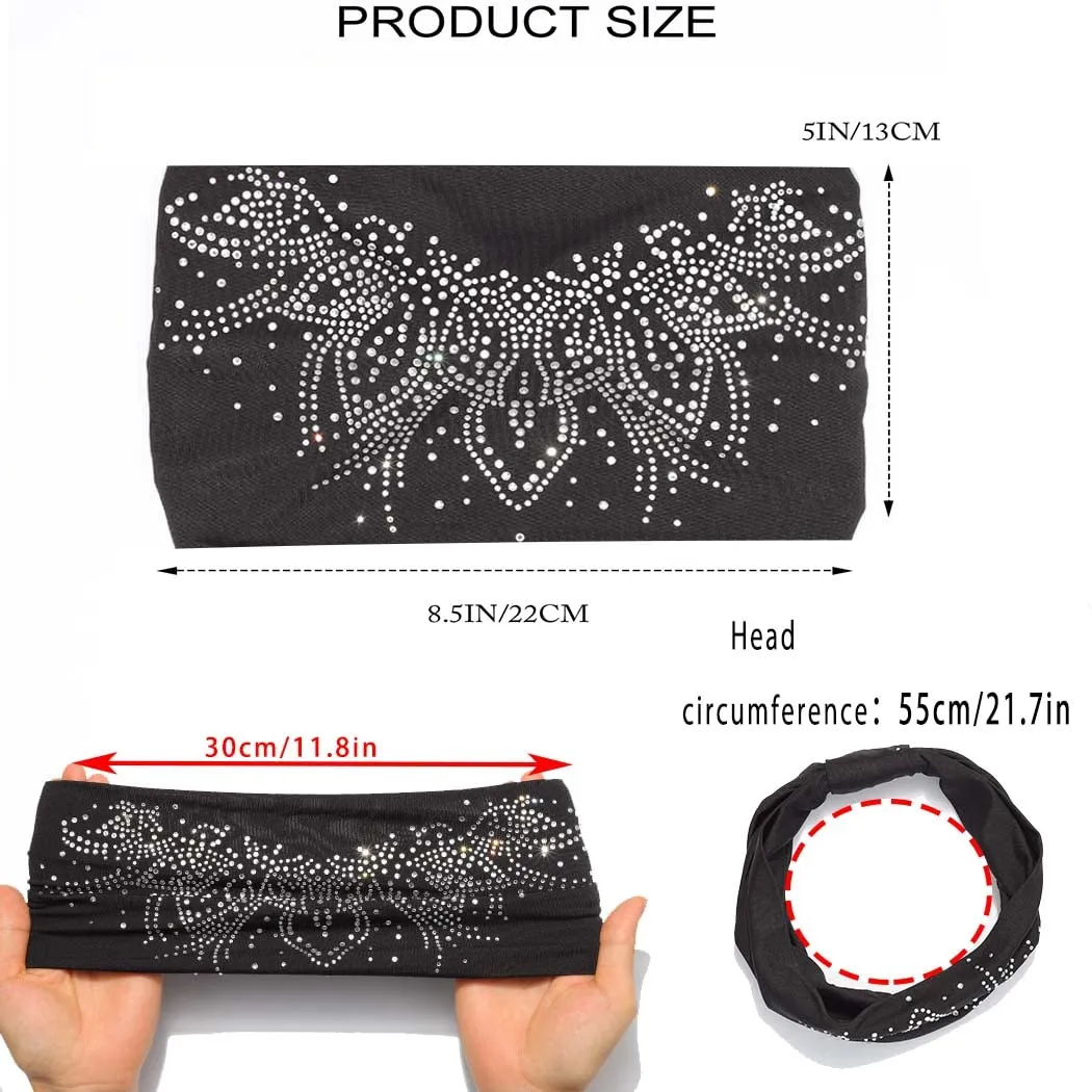 CAKURE Bling Headbands Rhinestone Wide Head Bands Knotted Black Turban Crystal Sparkle Bling HairBands Party Club Head Wraps Glittery for Women and Girls (Type A)