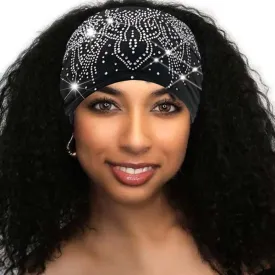 CAKURE Bling Headbands Rhinestone Wide Head Bands Knotted Black Turban Crystal Sparkle Bling HairBands Party Club Head Wraps Glittery for Women and Girls (Type A)