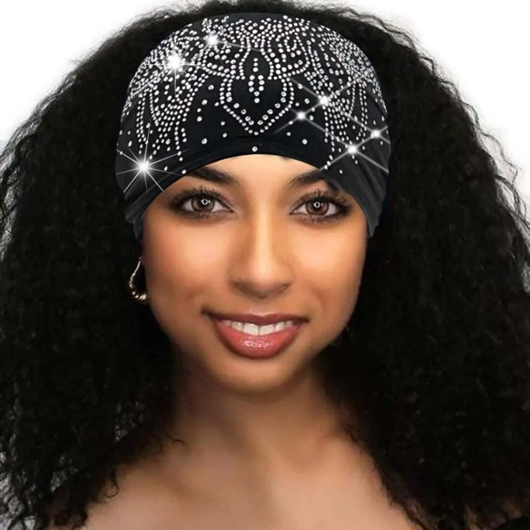 CAKURE Bling Headbands Rhinestone Wide Head Bands Knotted Black Turban Crystal Sparkle Bling HairBands Party Club Head Wraps Glittery for Women and Girls (Type A)