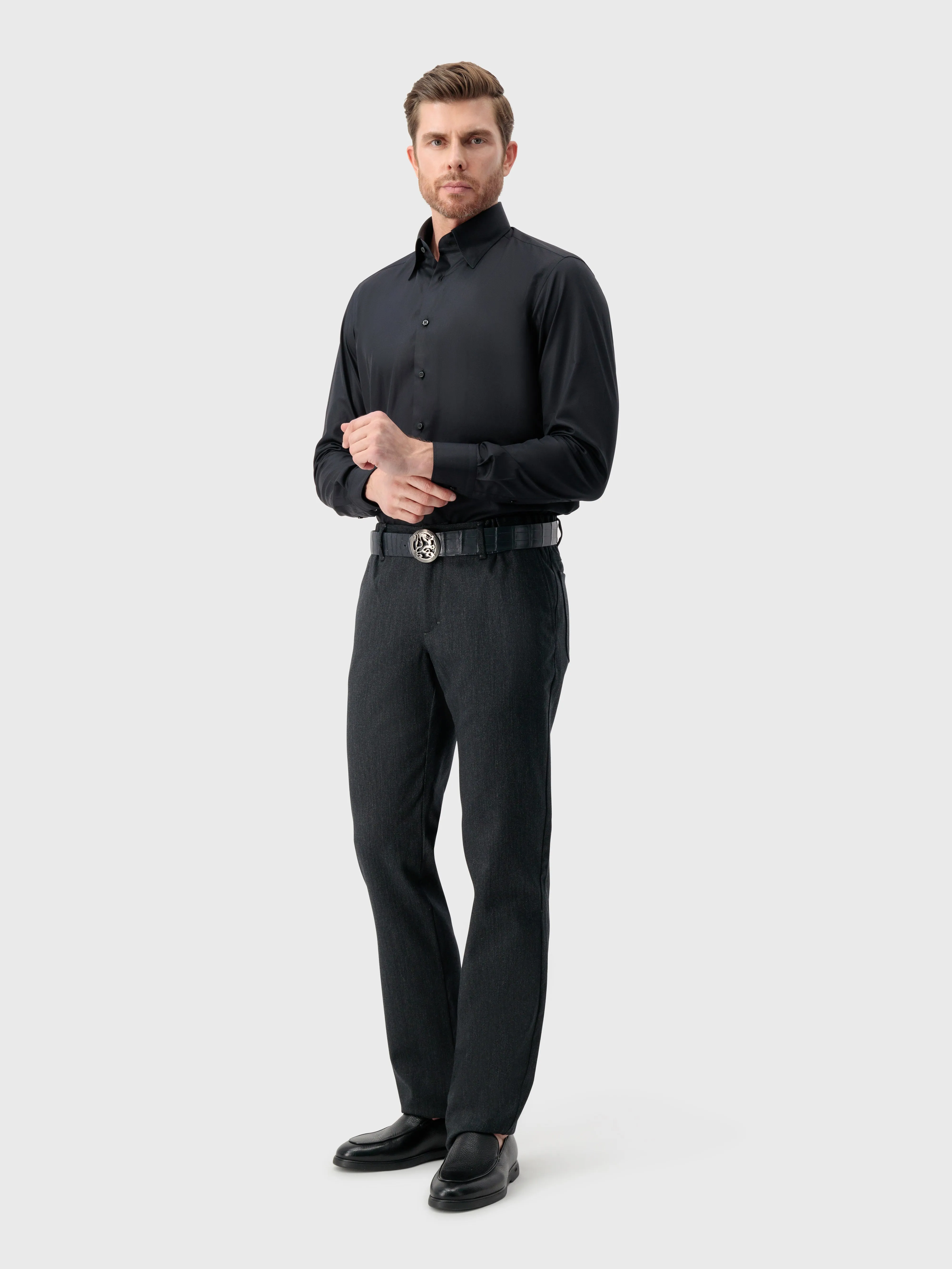 Cotton Shirt with Triple Stitching Black